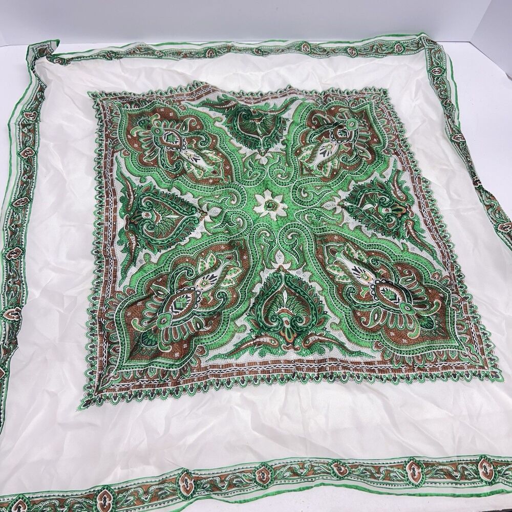 50s Paisley Scarf Made in Japan Green Brown Embossed Crepe Hand Rolled Rayon